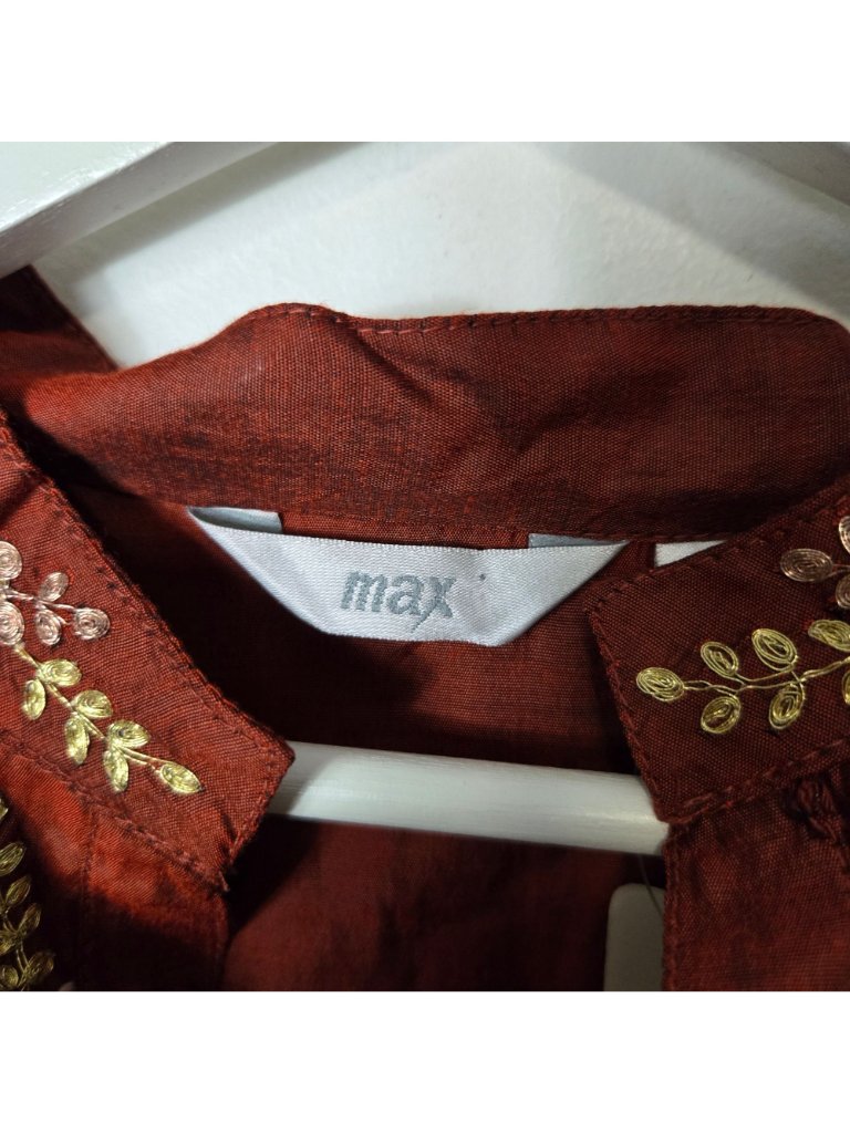 Max Size S 100% Silk 3/4 Sleeve Maroon Top Gold Embroidery — image 3 of 8